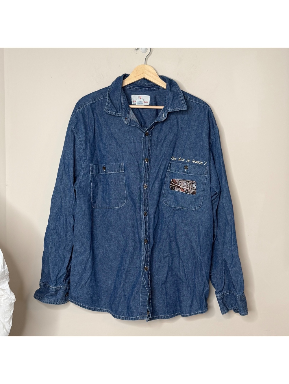 Vintage 90s Jean Denim RV Embroidered Button Front Shirt “The Bus Is Leavin”